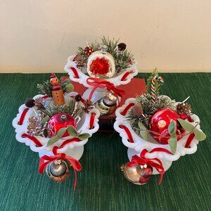 Vintage Christmas Tabletop Decor featuring Anchor Hocking Milk Glass Bowls x 3